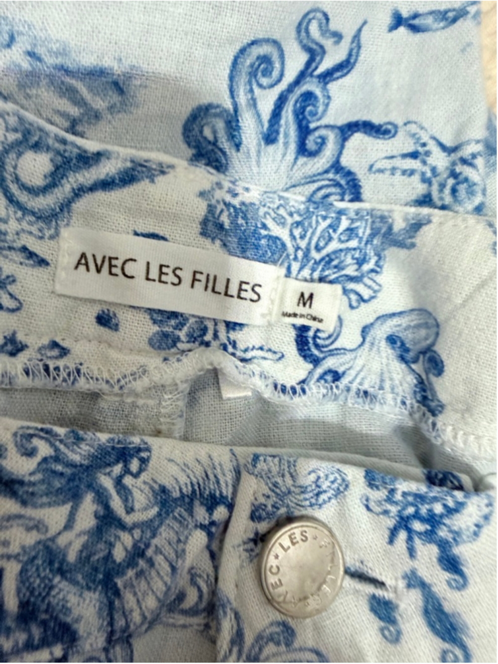 Avec Les Filles linen blend White Blue Toile Print Wide Leg Cargo Pants M - Picture 7 of 8
